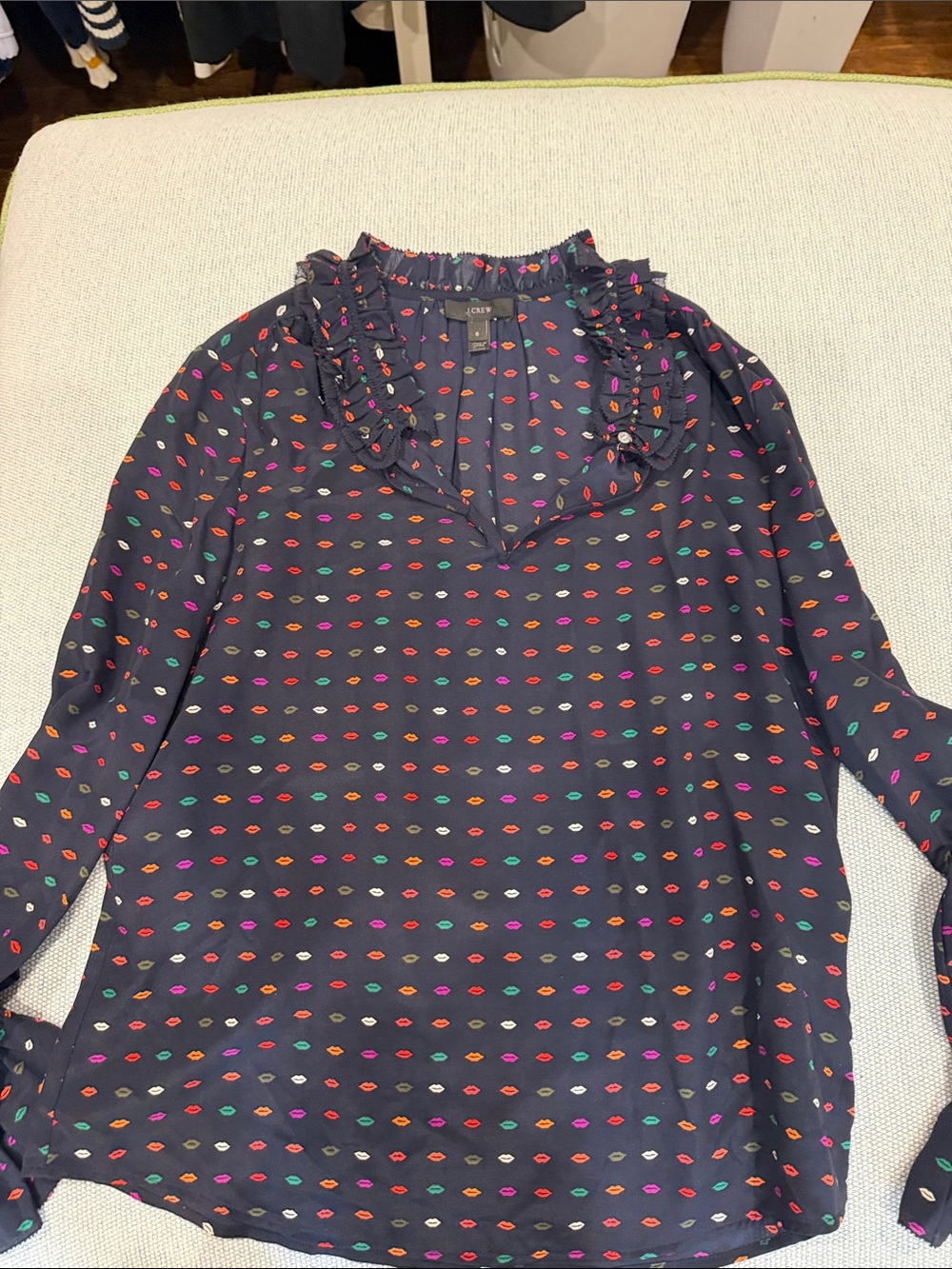 J. Crew Navy Ruffle V-Neck Blouse with Multicolor Lip Dot Print